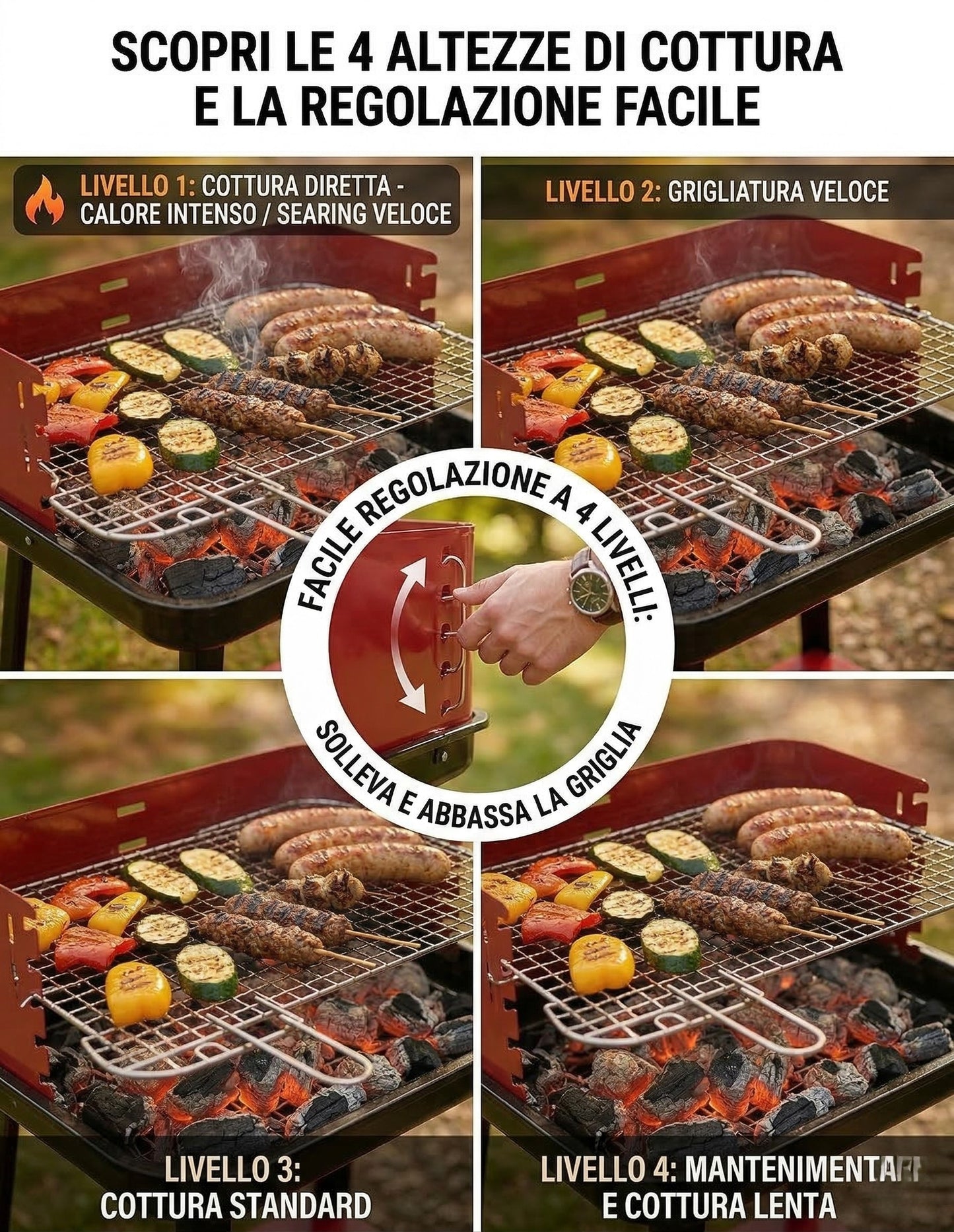 Barbecue Portatile a Carbonella Compatto Rosso con Griglia Regolabile in Altezza