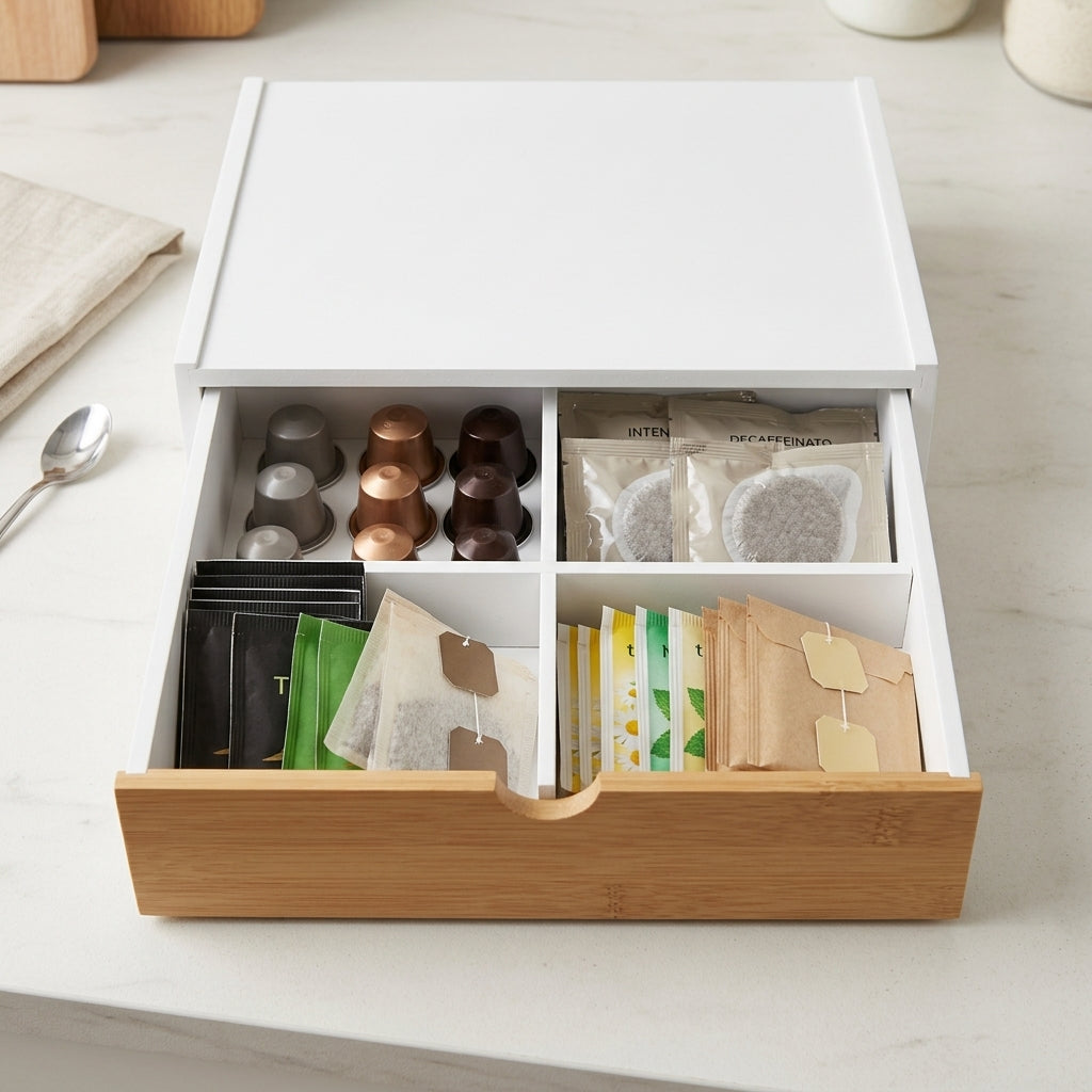 Cassetto Porta Capsule Base per Macchina Caffè con Frontale in Bambù - 4 Scomparti (Bianco/Nero)