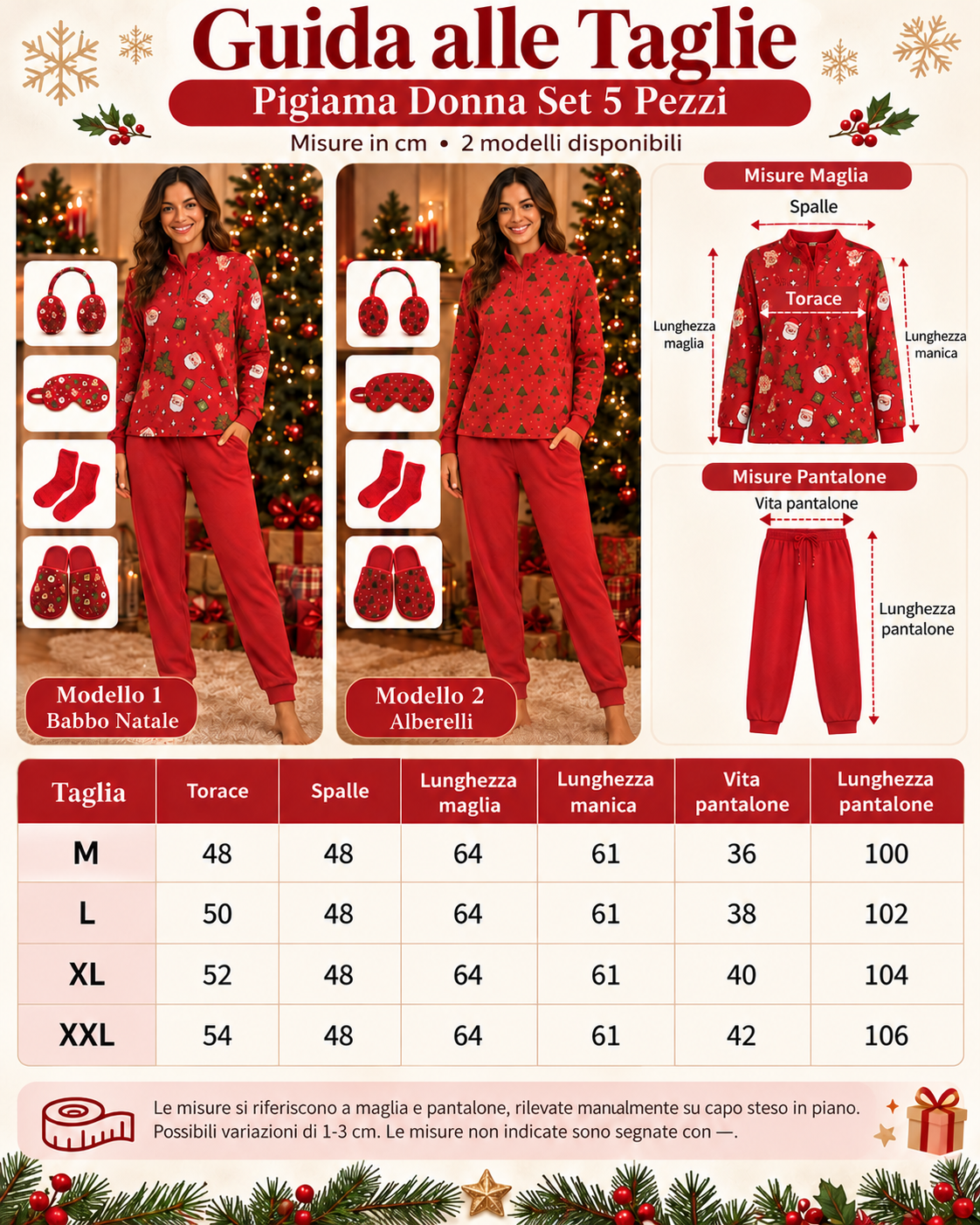 Set Regalo Pigiama Donna Invernale 5 Pezzi a Tema Natalizio - 2 Modelli, Taglie M-XXL 05