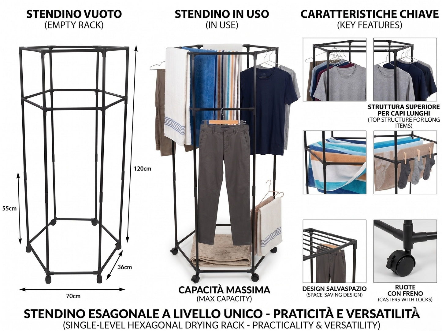 Stand Appendiabiti Rotante 360° con Ruote - Design Salvaspazio (3 Modelli)