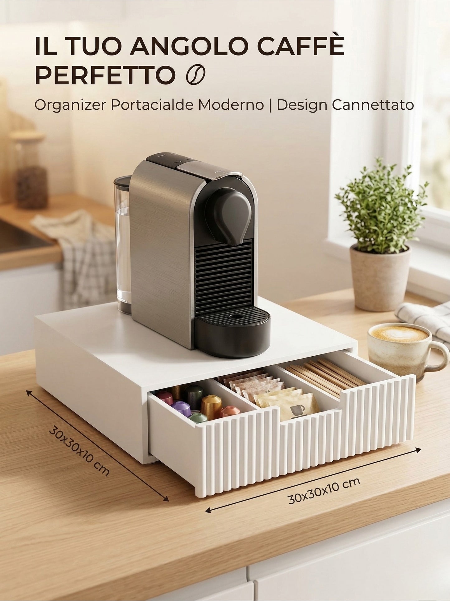 Organizer Portacialde Bianco a 3 Scomparti con Frontale Cannettato - 30x30x10 cm
