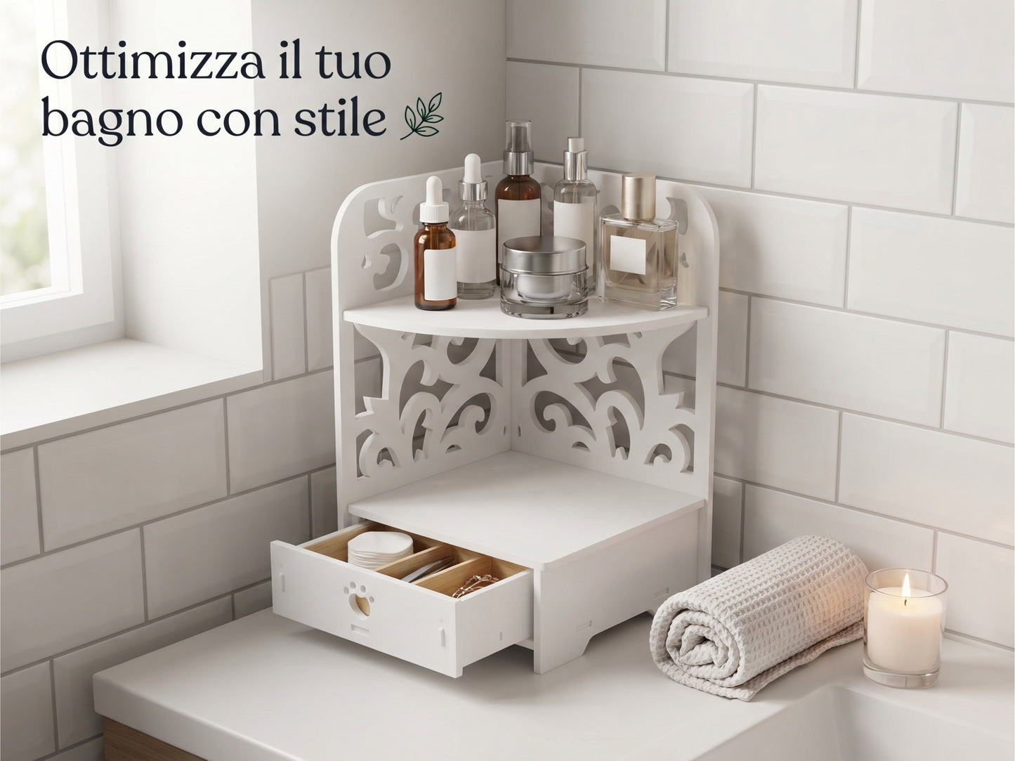 Scaffale Angolare Multifunzione con Cassetto - Organizzatore Salvaspazio per Casa e Ufficio (22x35x22cm)