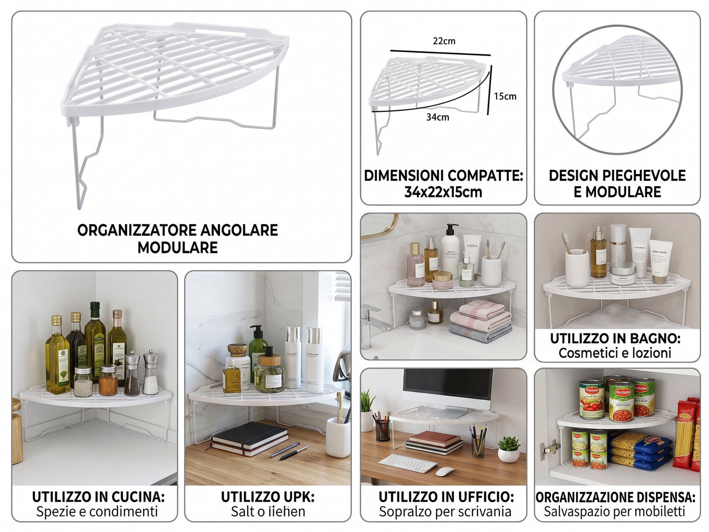 Ripiano Angolare Salvaspazio per Cucina e Dispensa, Bianco - 34x22x15 cm
