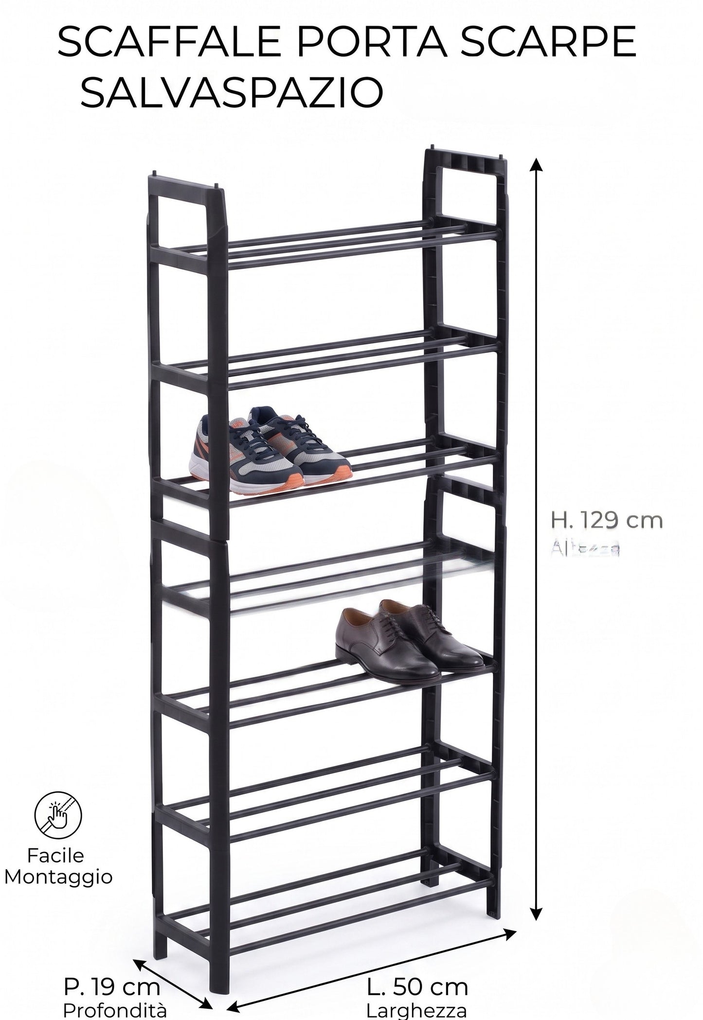 Scarpiera Salvaspazio Slim a 8 Ripiani in Plastica - 50x19x129 cm - Nero