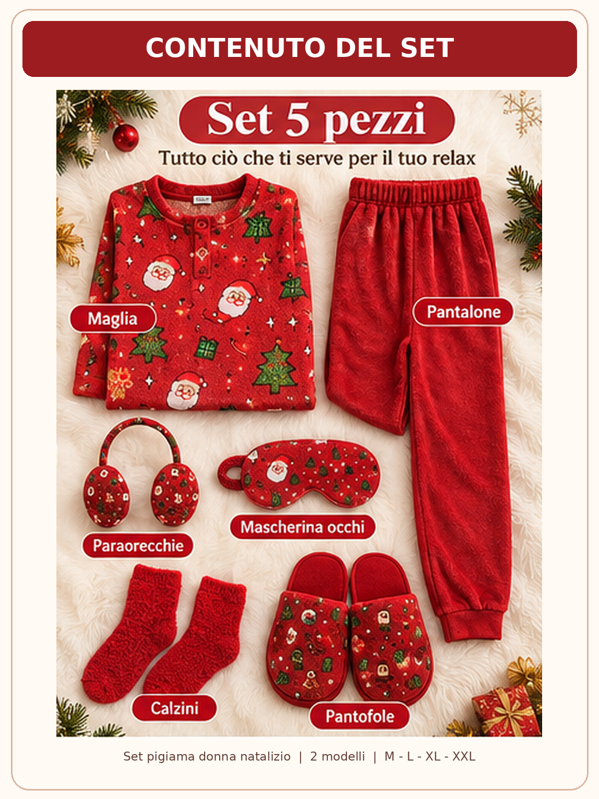 Set Regalo Pigiama Donna Invernale 5 Pezzi a Tema Natalizio - 2 Modelli, Taglie M-XXL 05