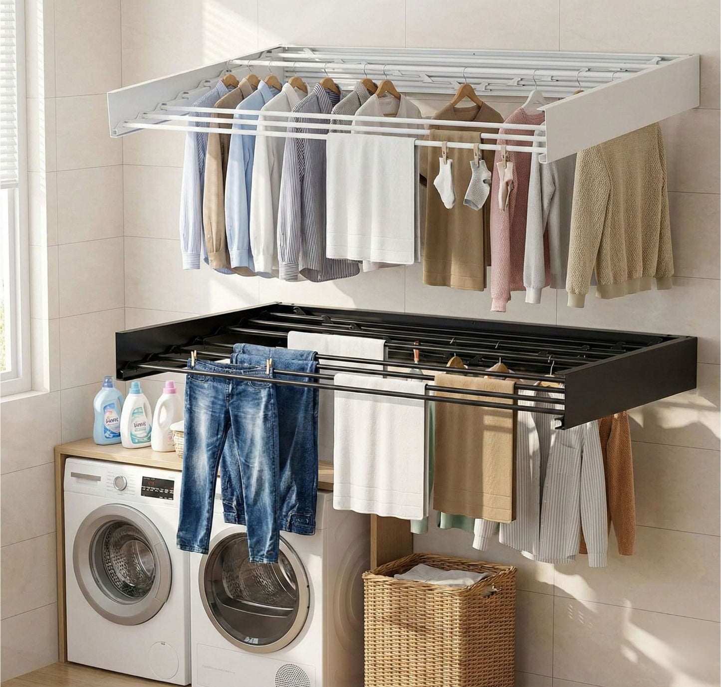 Stendibiancheria Parete Estraibile 80cm Metallo. Stendino a Scomparsa con Barre Scorrevoli e Asta Appendini. Stendipanni Salvaspazio Muro per Bagno e Lavanderia. Struttura Robusta Indoor.