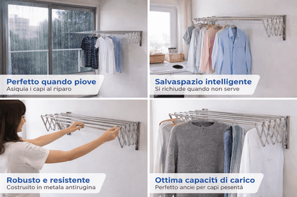 Stendibiancheria da Parete Estensibile 80cm in Metallo. Stendino a Muro Salvaspazio Retrattile Pieghevole per Bagno, Balcone e Lavanderia. Resistente e Antiruggine. Design Compatto Ideale per Piccoli Spazi.