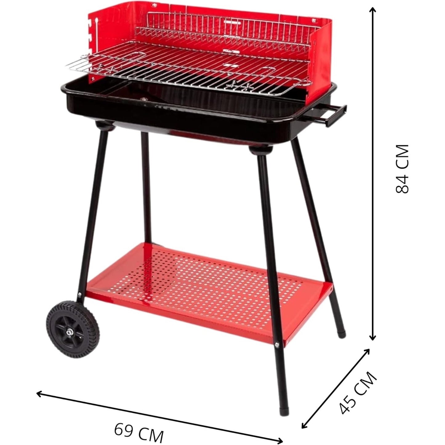 Barbecue a Carbonella Portatile BBQ con Ruote – Griglia in Metallo Resistente Rosso e Nero con Ripiano Laterale, Perfetto per Giardino, Terrazzo e Outdoor, 69 x 45 x 84 cm
