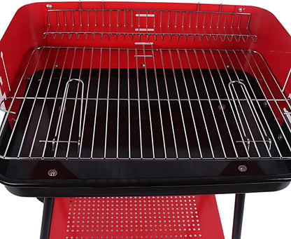 Barbecue a Carbonella Portatile BBQ con Ruote – Griglia in Metallo Resistente Rosso e Nero con Ripiano Laterale, Perfetto per Giardino, Terrazzo e Outdoor, 69 x 45 x 84 cm