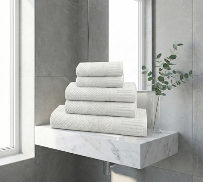 Set 5 Asciugamani Bianchi 500 GSM Cotone. Kit Bagno Hotel Spa: 1 Telo Doccia 90x140, 2 Viso 50x100, 2 Ospite 40x60. Spugna Bianca Assorbente Alta Qualità. Biancheria Casa Lussuosa Resistente.
