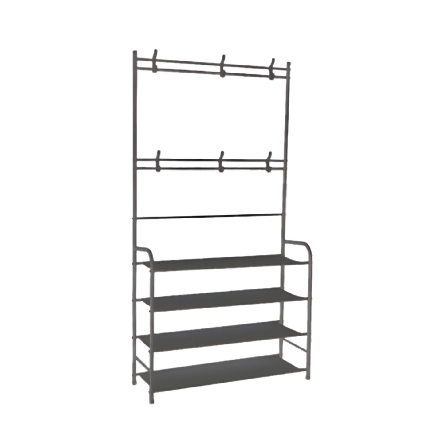 Appendiabiti Multifunzionale con Scarpiera a 4 Ripiani, Portabiti con Ganci, Struttura in Metallo 153cm – Organizer Salvaspazio per Ingresso, Camera, Corridoio