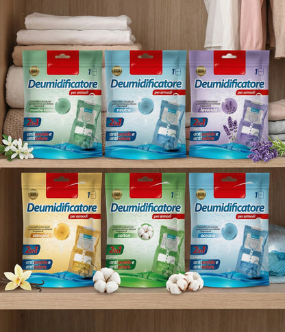 Set 6 Deumidificatore per Armadi da Appendere 2 in 1 Antiumido e Antiodore - 6 Fragranze