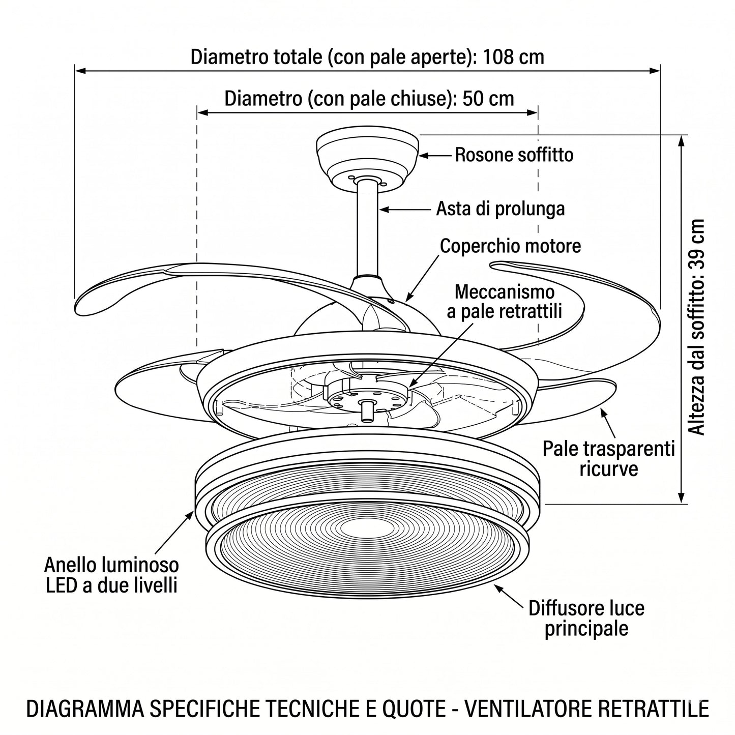 Ventilatore da Soffitto 108 cm con Pale a Scomparsa, Luce LED Dimmerabile e Telecomando - Bianco