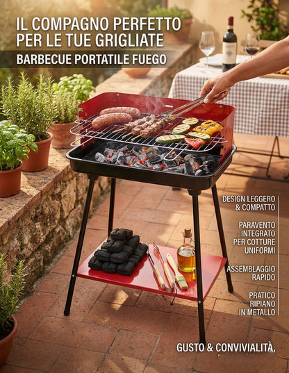 Barbecue Portatile a Carbonella Compatto Rosso con Griglia Regolabile in Altezza