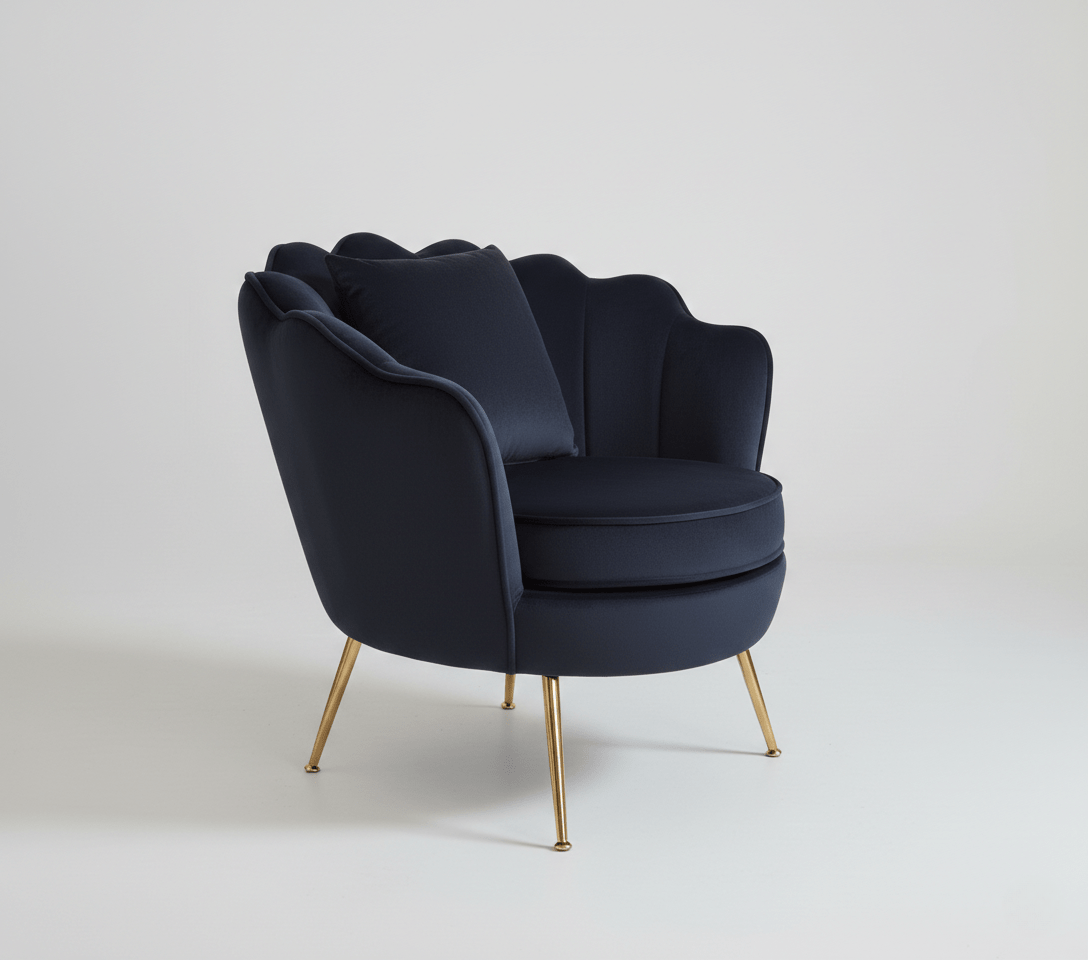 Poltrona Design Conchiglia Velluto Nero + Cuscino. Gambe Metallo Oro. Sedia Imbottita Scalloped Chair per Camera, Angolo Beauty e Salotto. Stile Moderno Vintage. 70x67x75cm