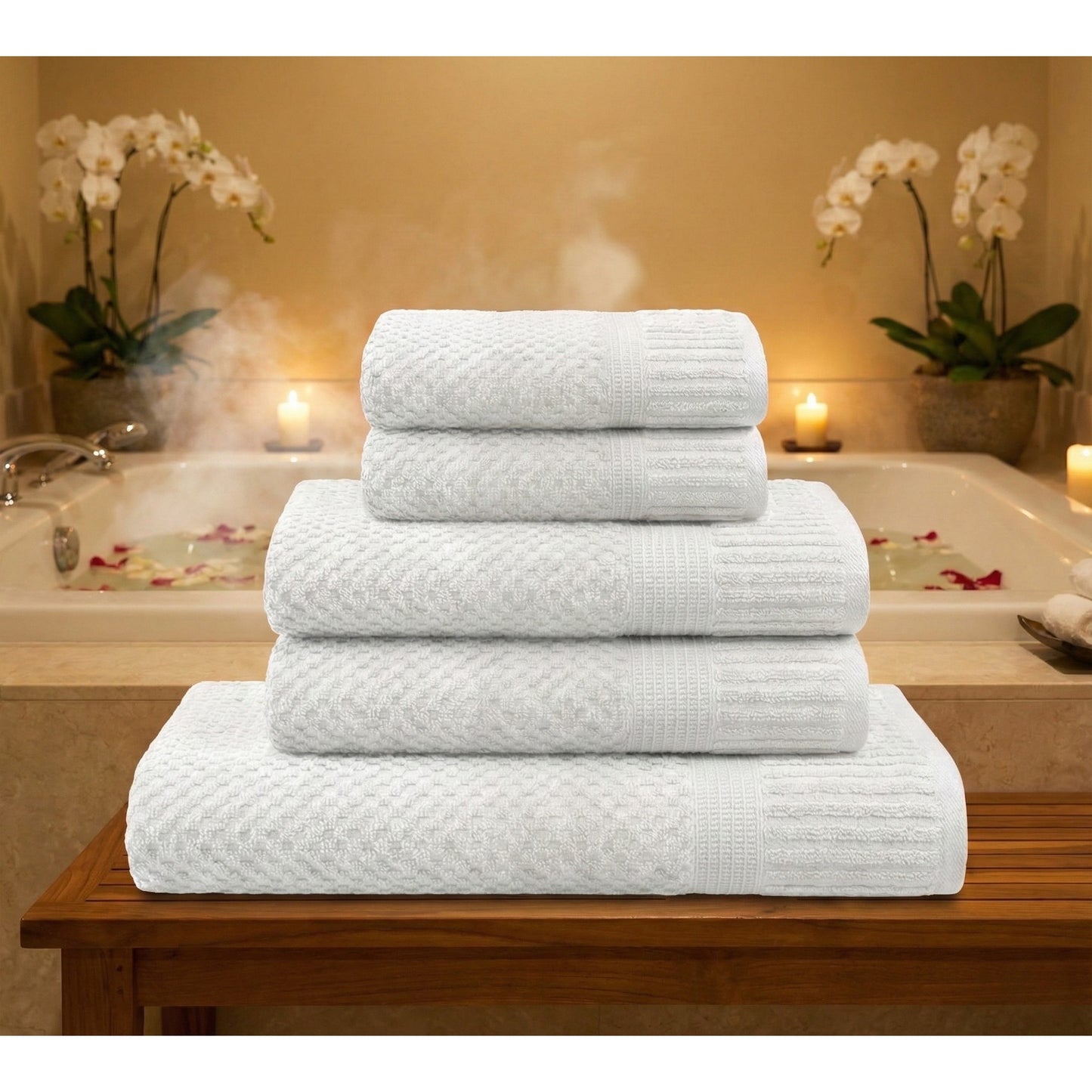Set 5 Asciugamani Bianchi 500 GSM Cotone. Kit Bagno Hotel Spa: 1 Telo Doccia 90x140, 2 Viso 50x100, 2 Ospite 40x60. Spugna Bianca Assorbente Alta Qualità. Biancheria Casa Lussuosa Resistente.