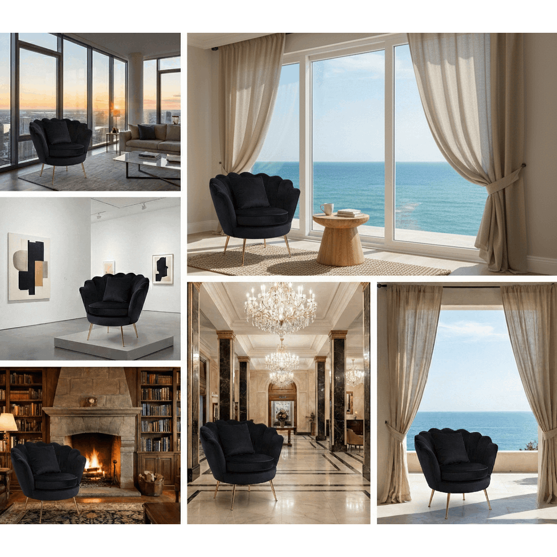 Poltrona Design Conchiglia Velluto Nero + Cuscino. Gambe Metallo Oro. Sedia Imbottita Scalloped Chair per Camera, Angolo Beauty e Salotto. Stile Moderno Vintage. 70x67x75cm