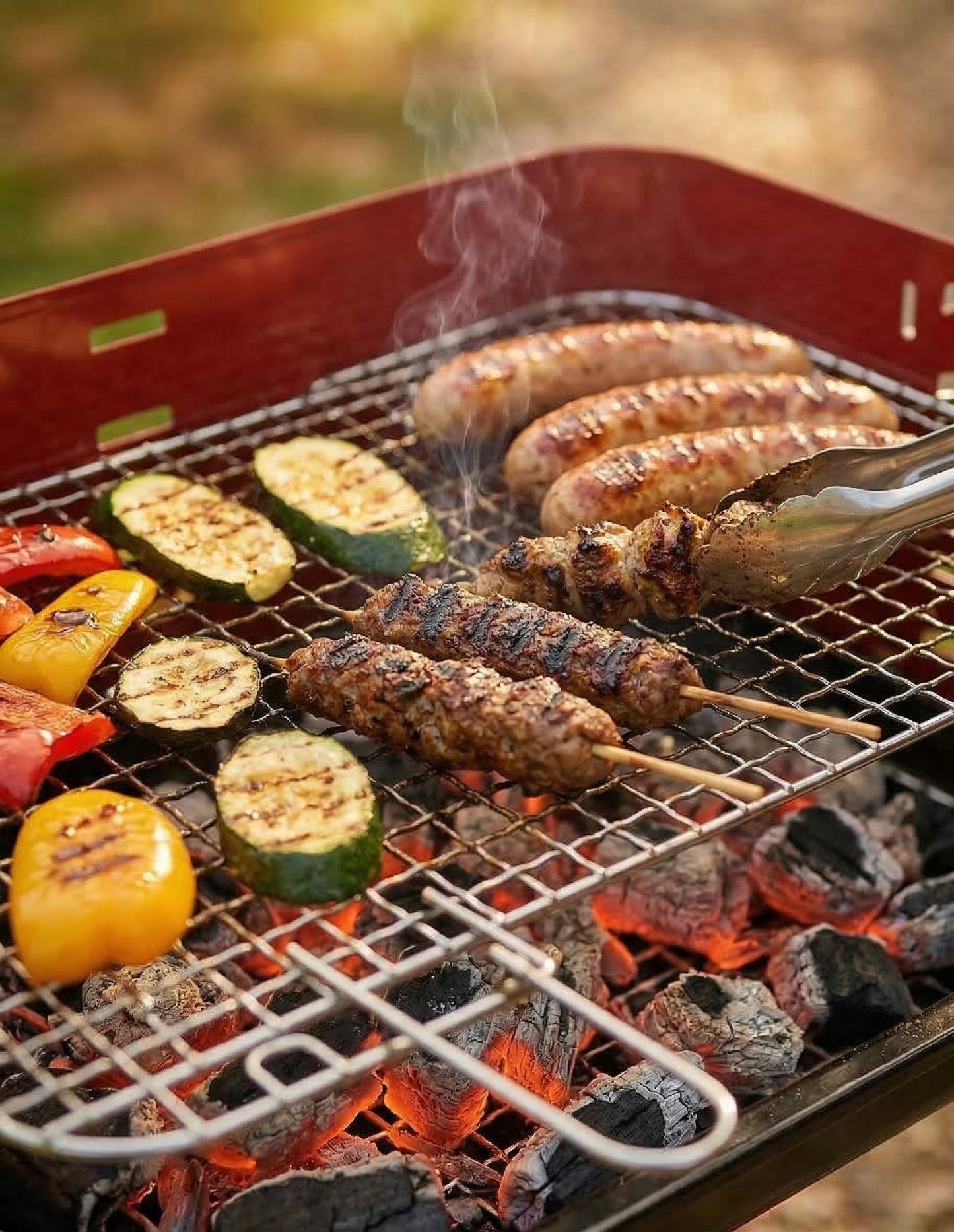 Barbecue Portatile a Carbonella Compatto Rosso con Griglia Regolabile in Altezza