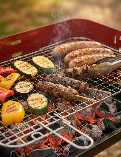 Barbecue Portatile a Carbonella Compatto Rosso con Griglia Regolabile in Altezza