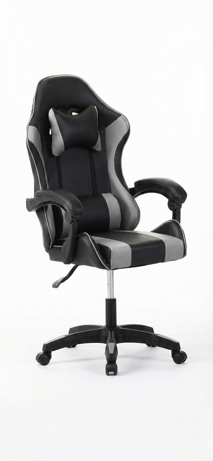 Sedia Gaming Ergonomica Sportiva Grigia e Nera – Poltrona Ufficio Girevole con Poggiatesta e Design Racing