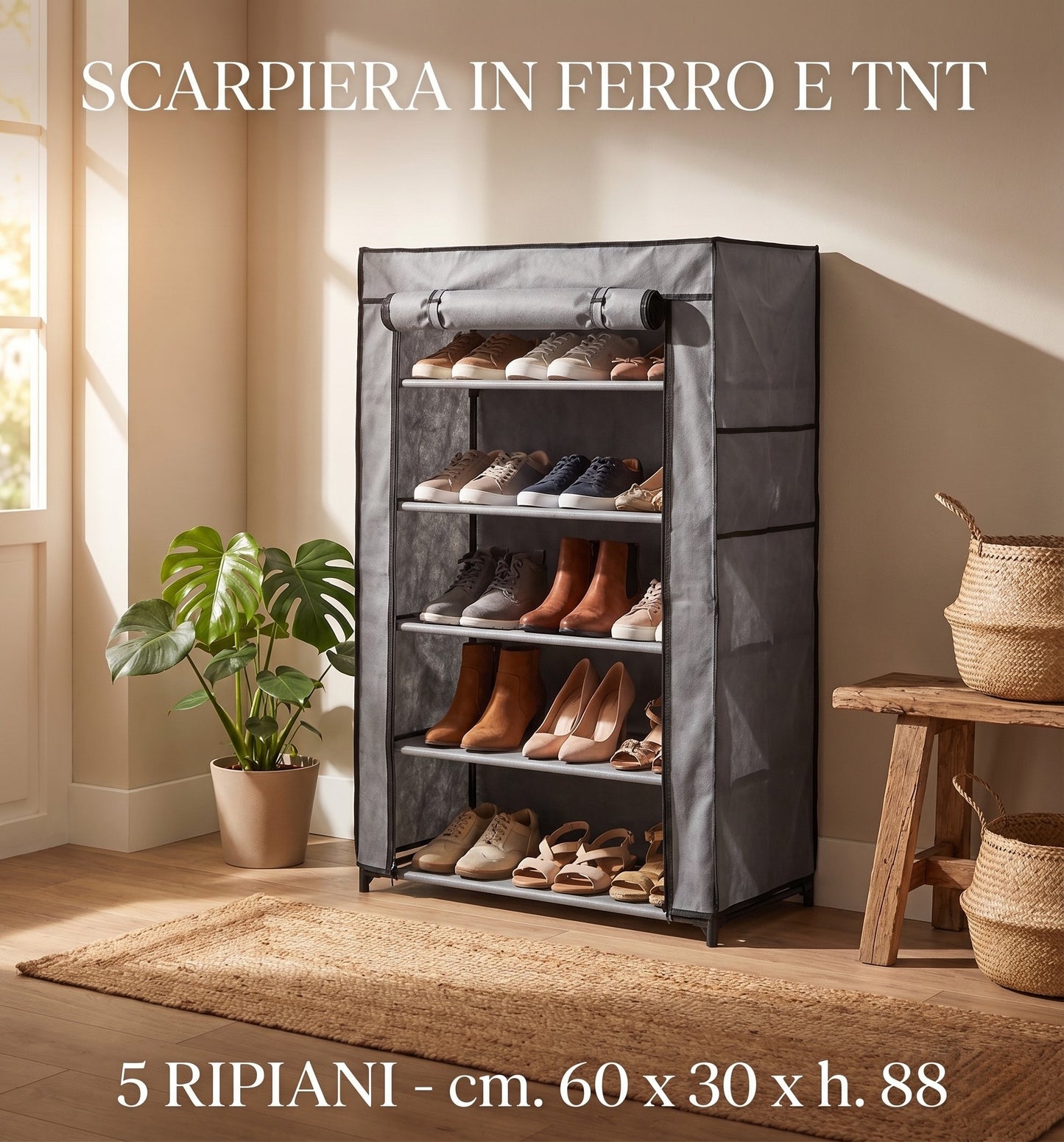 Scarpiera Salvaspazio in TNT e Ferro a 5 Ripiani - Grigio - 60 x 30 x 88 cm
