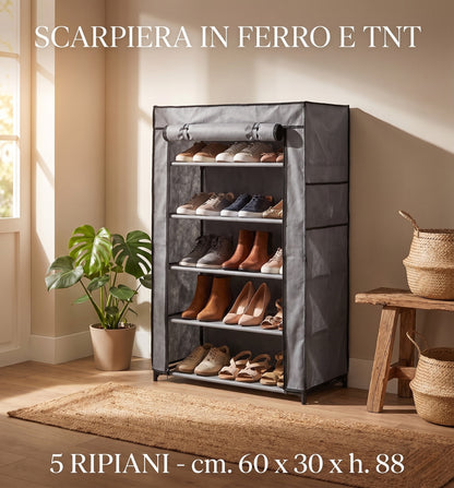 Scarpiera Salvaspazio in TNT e Ferro a 5 Ripiani - Grigio - 60 x 30 x 88 cm