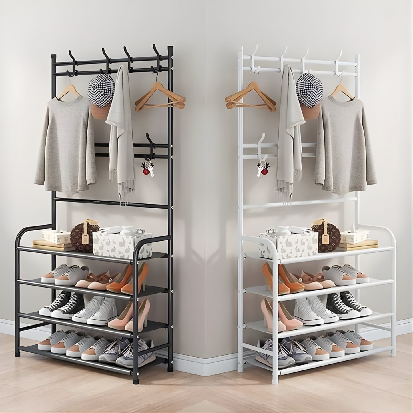 Appendiabiti Multifunzionale con Scarpiera a 4 Ripiani, Portabiti con Ganci, Struttura in Metallo 153cm – Organizer Salvaspazio per Ingresso, Camera, Corridoio