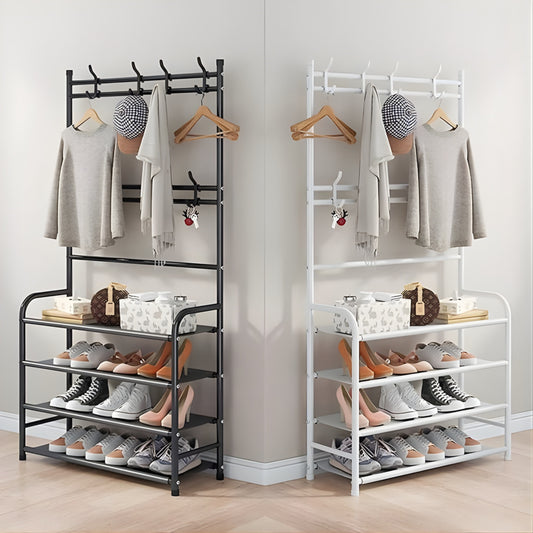 Appendiabiti Multifunzionale con Scarpiera a 4 Ripiani, Portabiti con Ganci, Struttura in Metallo 153cm – Organizer Salvaspazio per Ingresso, Camera, Corridoio