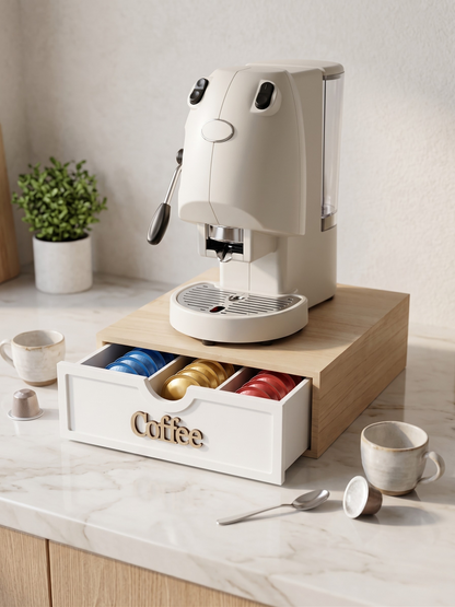 Cassetto Porta Cialde e Capsule in Legno con 3 Scomparti - Base per Macchina da Caffè (30x30x10 cm)