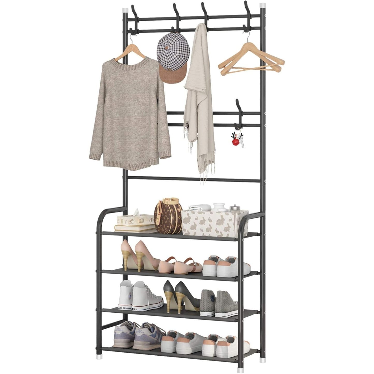 Appendiabiti Multifunzionale con Scarpiera a 4 Ripiani, Portabiti con Ganci, Struttura in Metallo 153cm – Organizer Salvaspazio per Ingresso, Camera, Corridoio