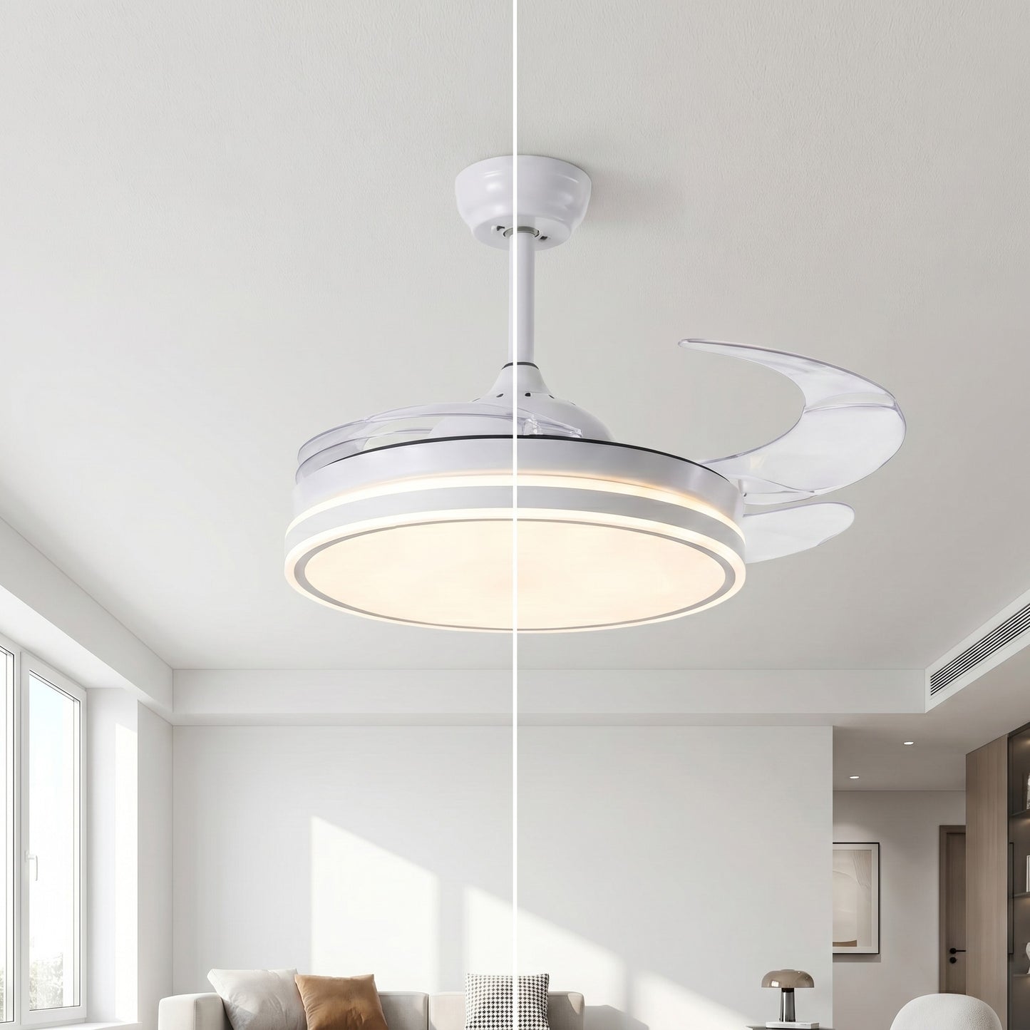 Ventilatore da Soffitto 108 cm con Pale a Scomparsa, Luce LED Dimmerabile e Telecomando - Bianco