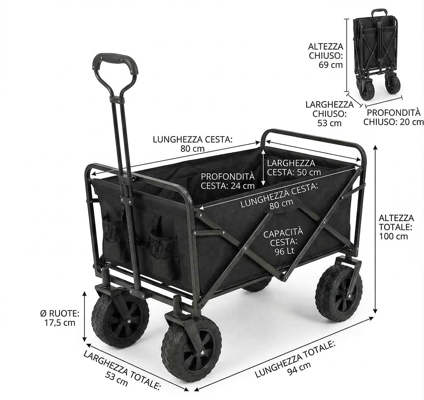 Carrello Portatutto Pieghevole – Portata 65kg, 96L – Nero
