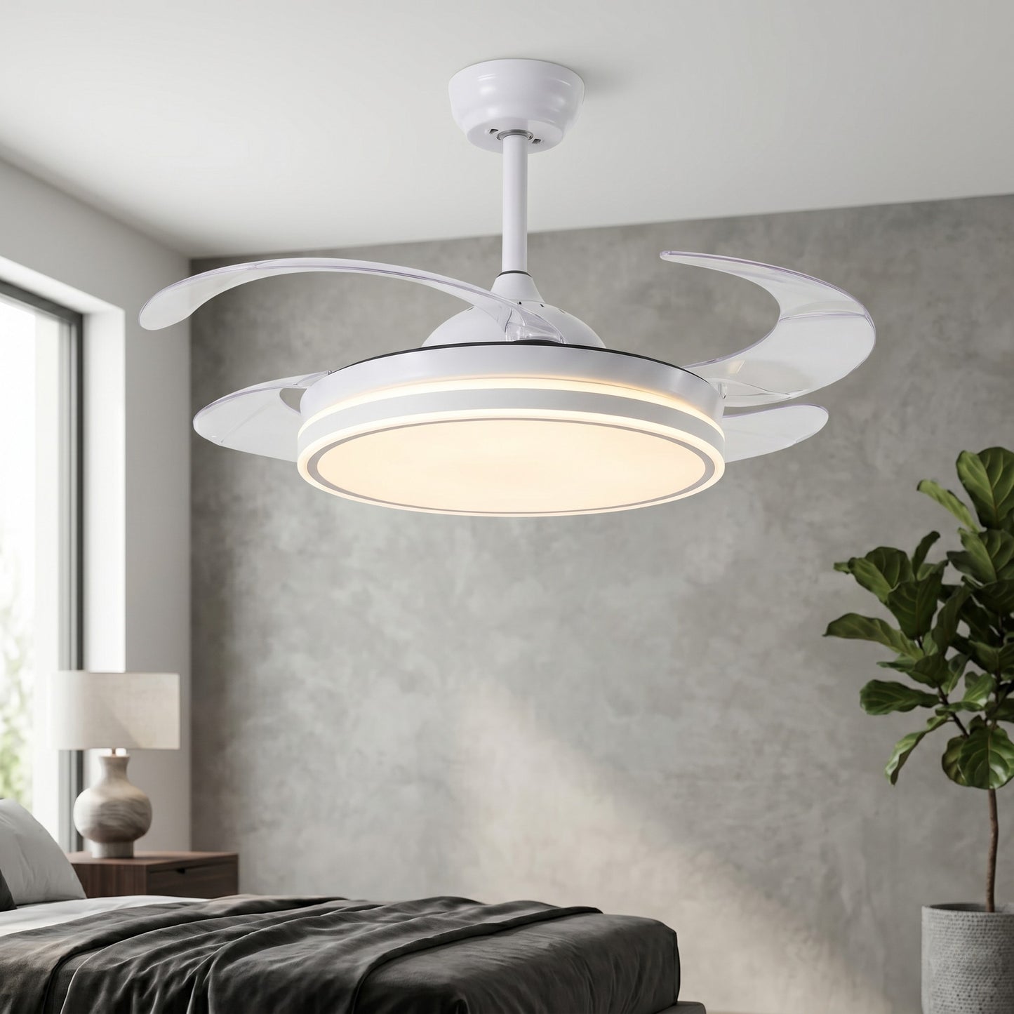 Ventilatore da Soffitto 108 cm con Pale a Scomparsa, Luce LED Dimmerabile e Telecomando - Bianco