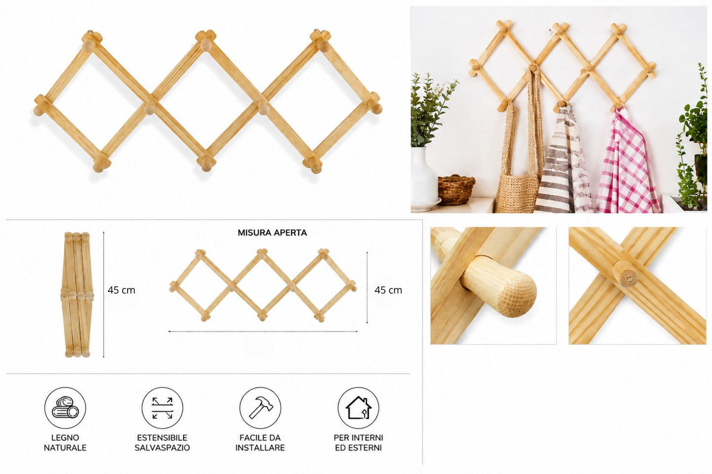 Appendiabiti estensibile a fisarmonica in legno - 45 cm