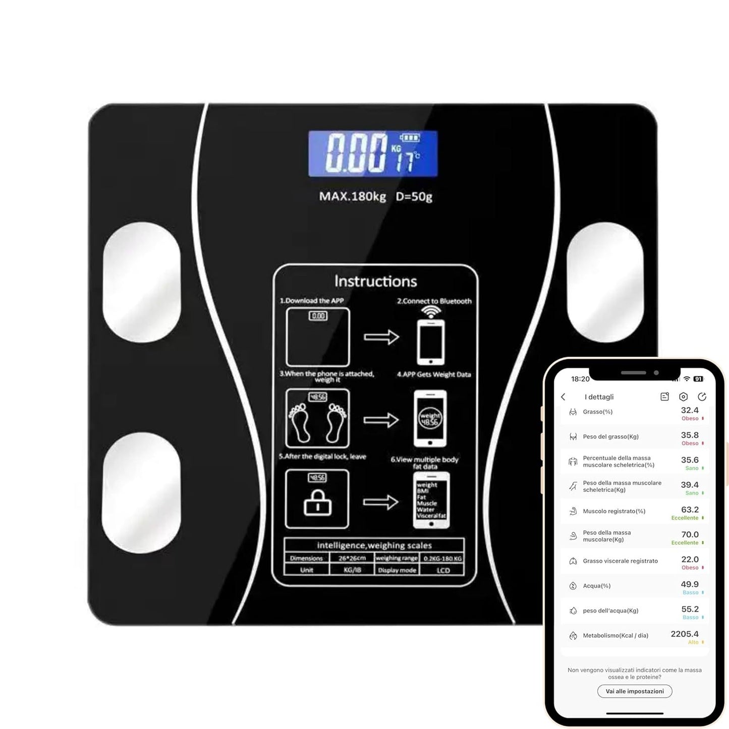 Bilancia Pesapersone Digitale Bluetooth Professionale con Analisi della Composizione Corporea, Display LCD ad Alta Leggibilità, Capacità Massima 180 kg, Nero