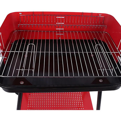 Barbecue a Carbonella Portatile BBQ con Ruote – Griglia in Metallo Resistente Rosso e Nero con Ripiano Laterale, Perfetto per Giardino, Terrazzo e Outdoor, 69 x 45 x 84 cm