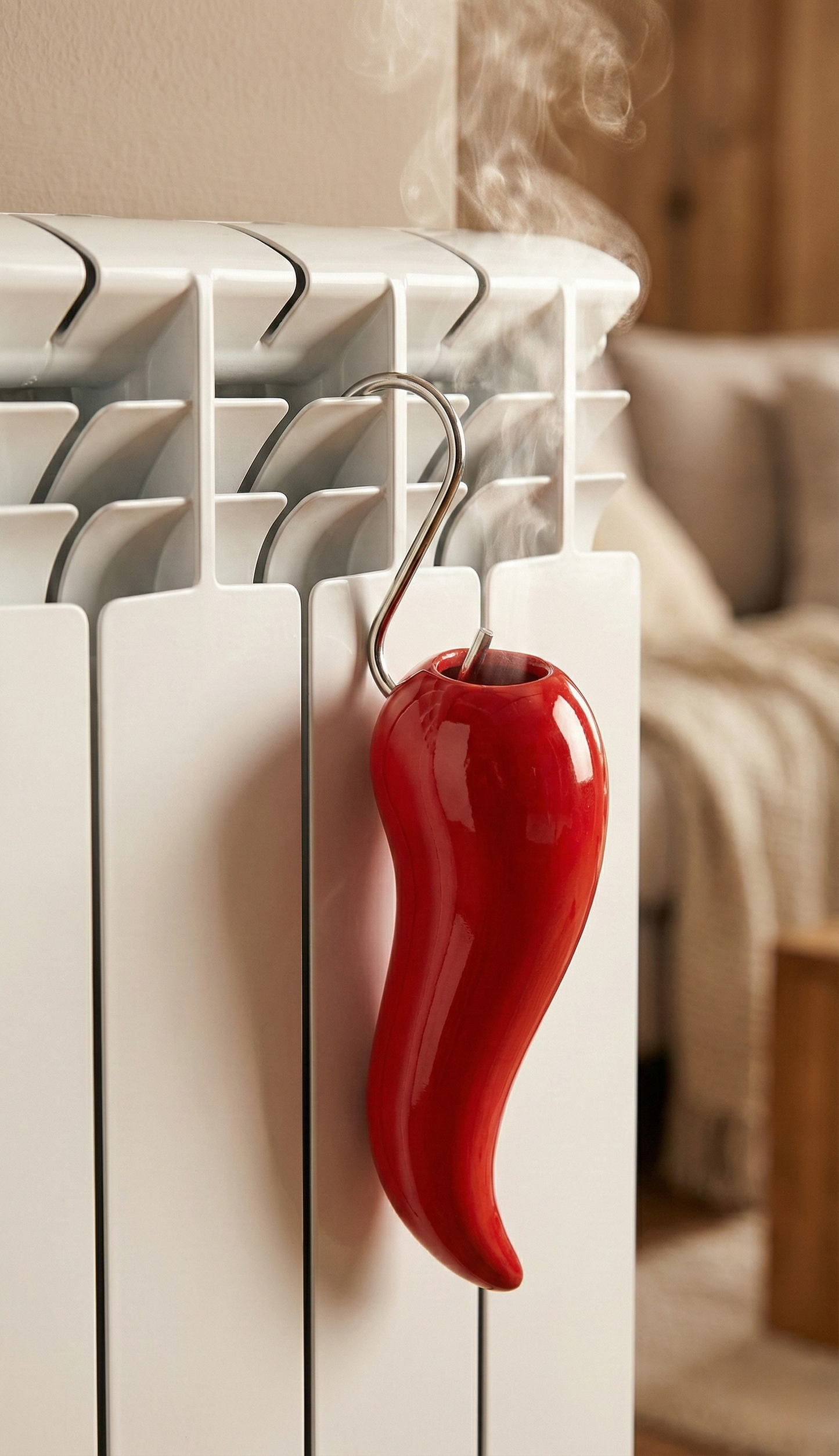 Kit 3 Umidificatori per Termosifone a Forma di Peperoncino Rosso, Evaporatori in Ceramica Smaltata per Caloriferi, Diffusori d'Aria Decorativi per Casa e Ufficio, Design Originale Portafortuna, Include Ganci Metallici, Dimensioni 18x7x4 cm