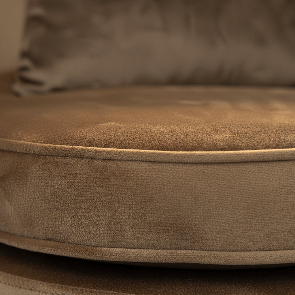 Poltrona a Conchiglia in Velluto Marrone con Cuscino. Gambe in Metallo Dorato. Design Moderno Glamour per Salotto, Camera e Vanity. Seduta Imbottita ed Ergonomica. Misure 70x67x75cm. Stile Vintage Chic.