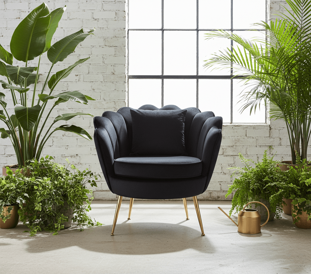 Poltrona Design Conchiglia Velluto Nero + Cuscino. Gambe Metallo Oro. Sedia Imbottita Scalloped Chair per Camera, Angolo Beauty e Salotto. Stile Moderno Vintage. 70x67x75cm