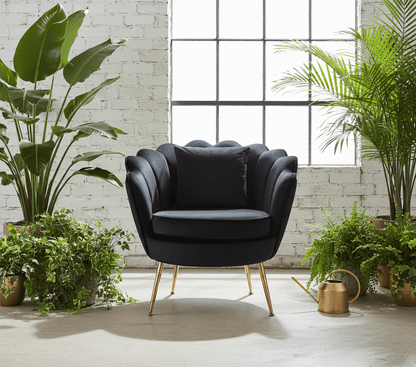 Poltrona Design Conchiglia Velluto Nero + Cuscino. Gambe Metallo Oro. Sedia Imbottita Scalloped Chair per Camera, Angolo Beauty e Salotto. Stile Moderno Vintage. 70x67x75cm