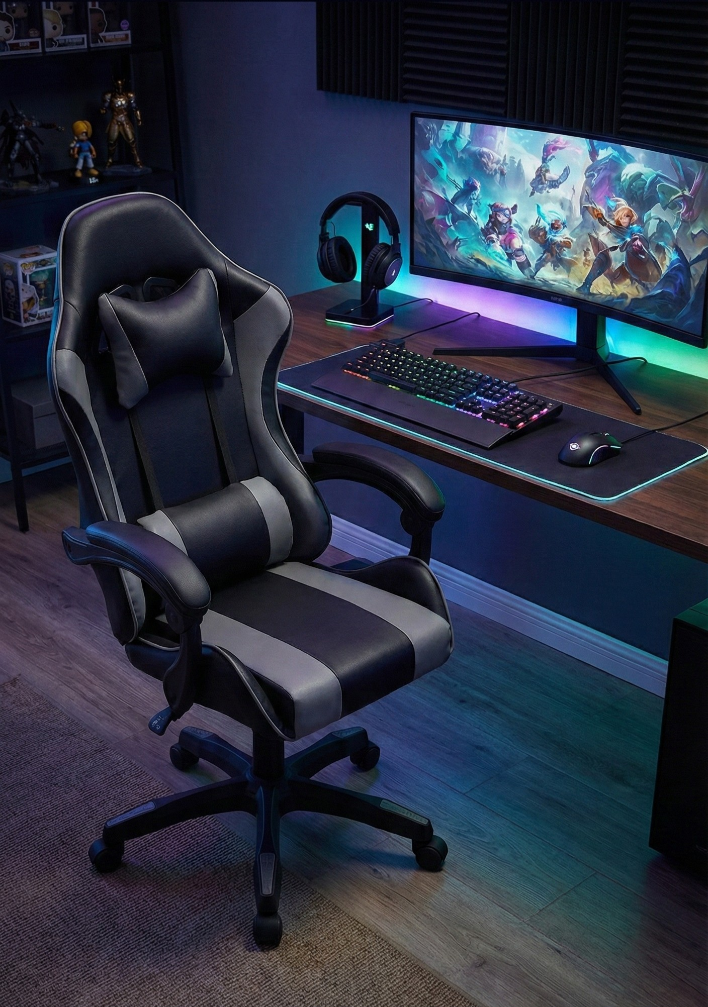 Sedia Gaming Ergonomica Sportiva Grigia e Nera – Poltrona Ufficio Girevole con Poggiatesta e Design Racing