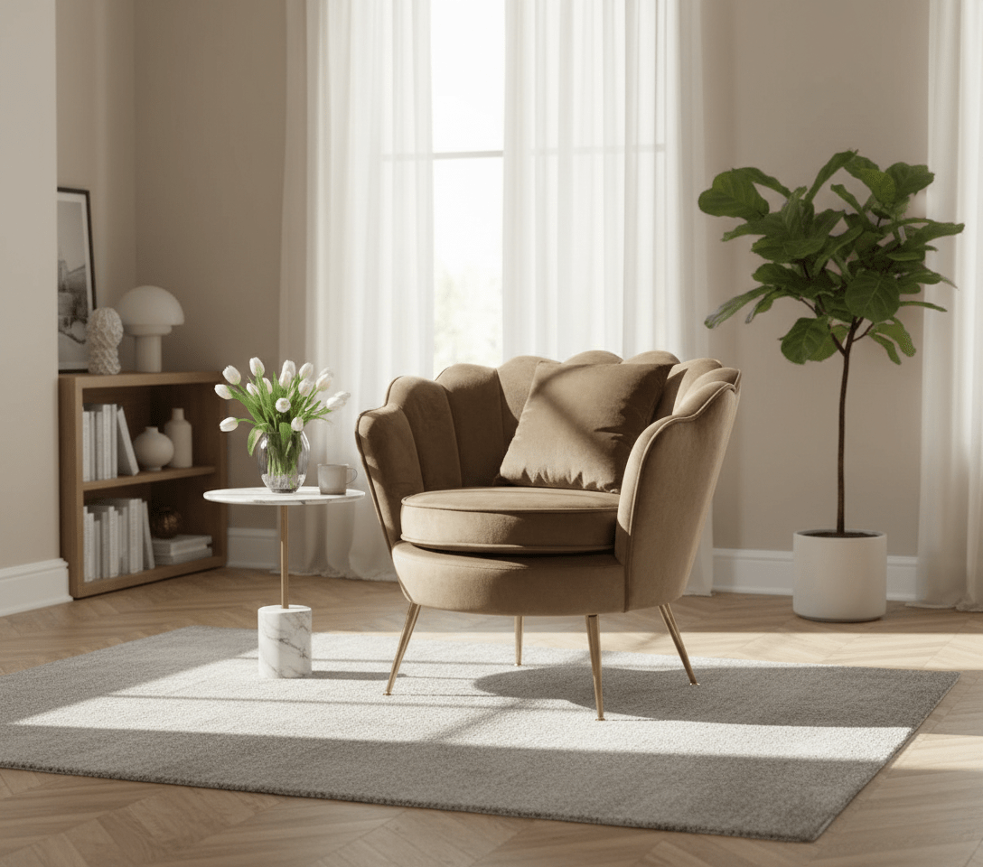 Poltrona a Conchiglia in Velluto Marrone con Cuscino. Gambe in Metallo Dorato. Design Moderno Glamour per Salotto, Camera e Vanity. Seduta Imbottita ed Ergonomica. Misure 70x67x75cm. Stile Vintage Chic.