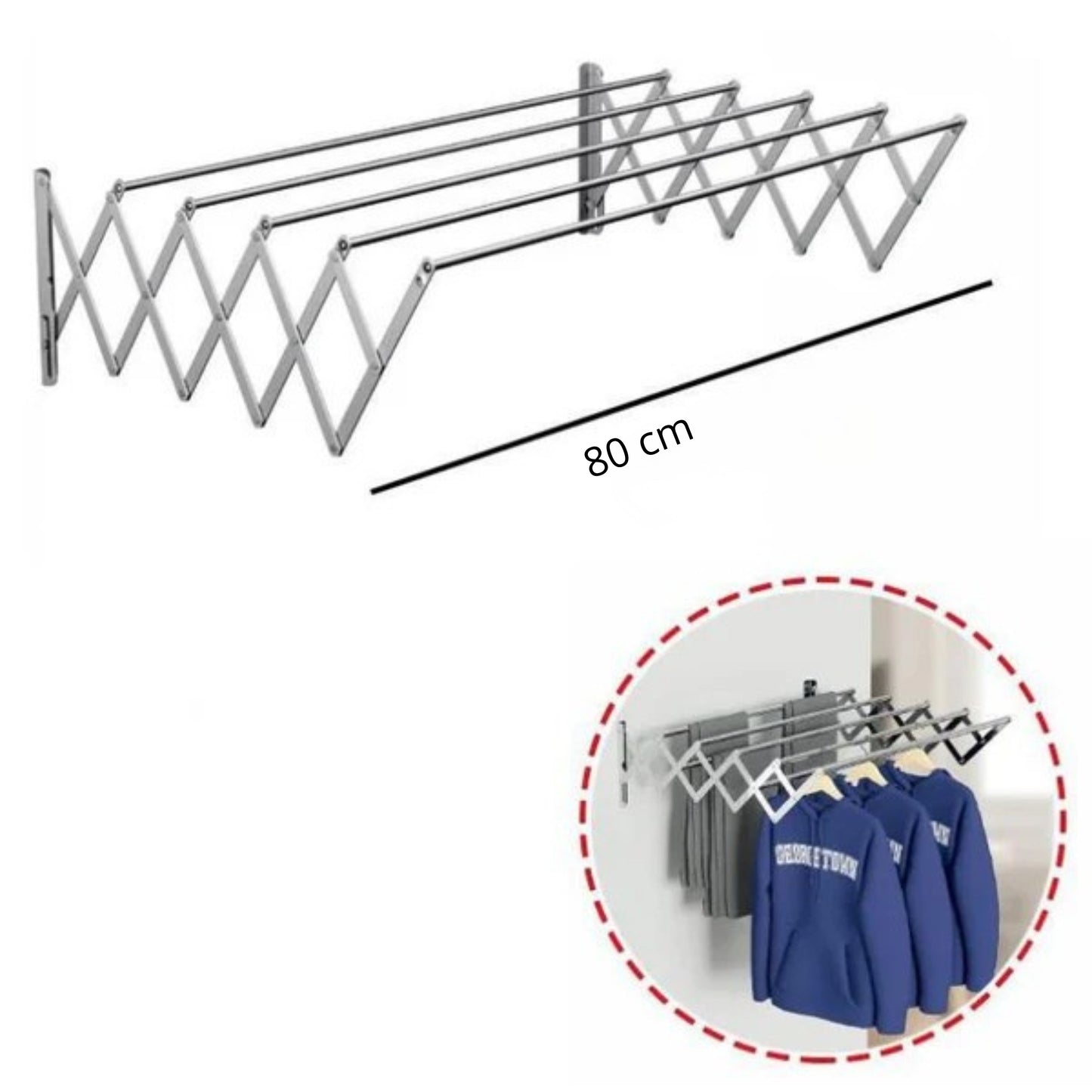 Stendibiancheria da Parete Estensibile 80cm in Metallo. Stendino a Muro Salvaspazio Retrattile Pieghevole per Bagno, Balcone e Lavanderia. Resistente e Antiruggine. Design Compatto Ideale per Piccoli Spazi.
