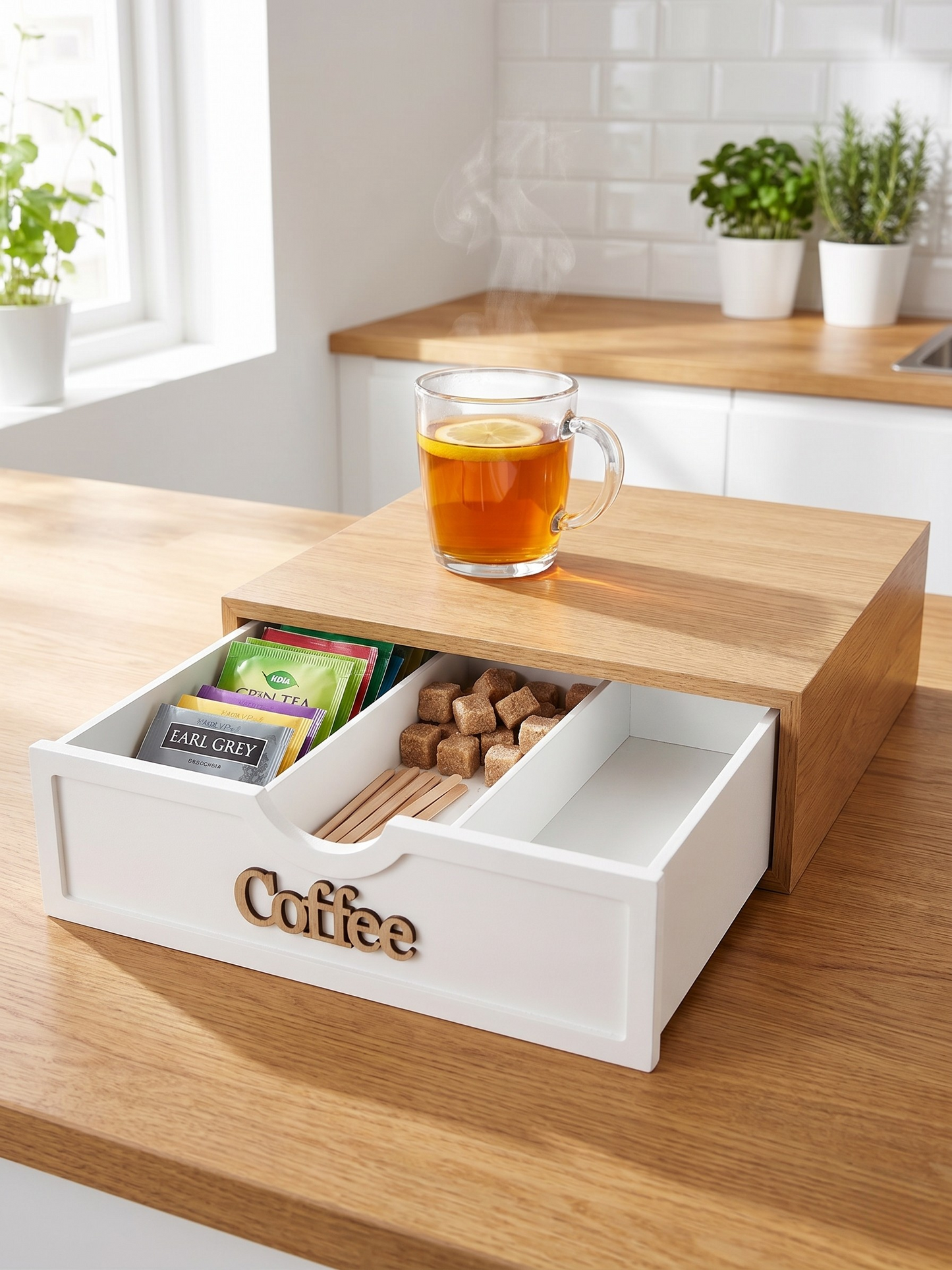 Cassetto Porta Cialde e Capsule in Legno con 3 Scomparti - Base per Macchina da Caffè (30x30x10 cm)