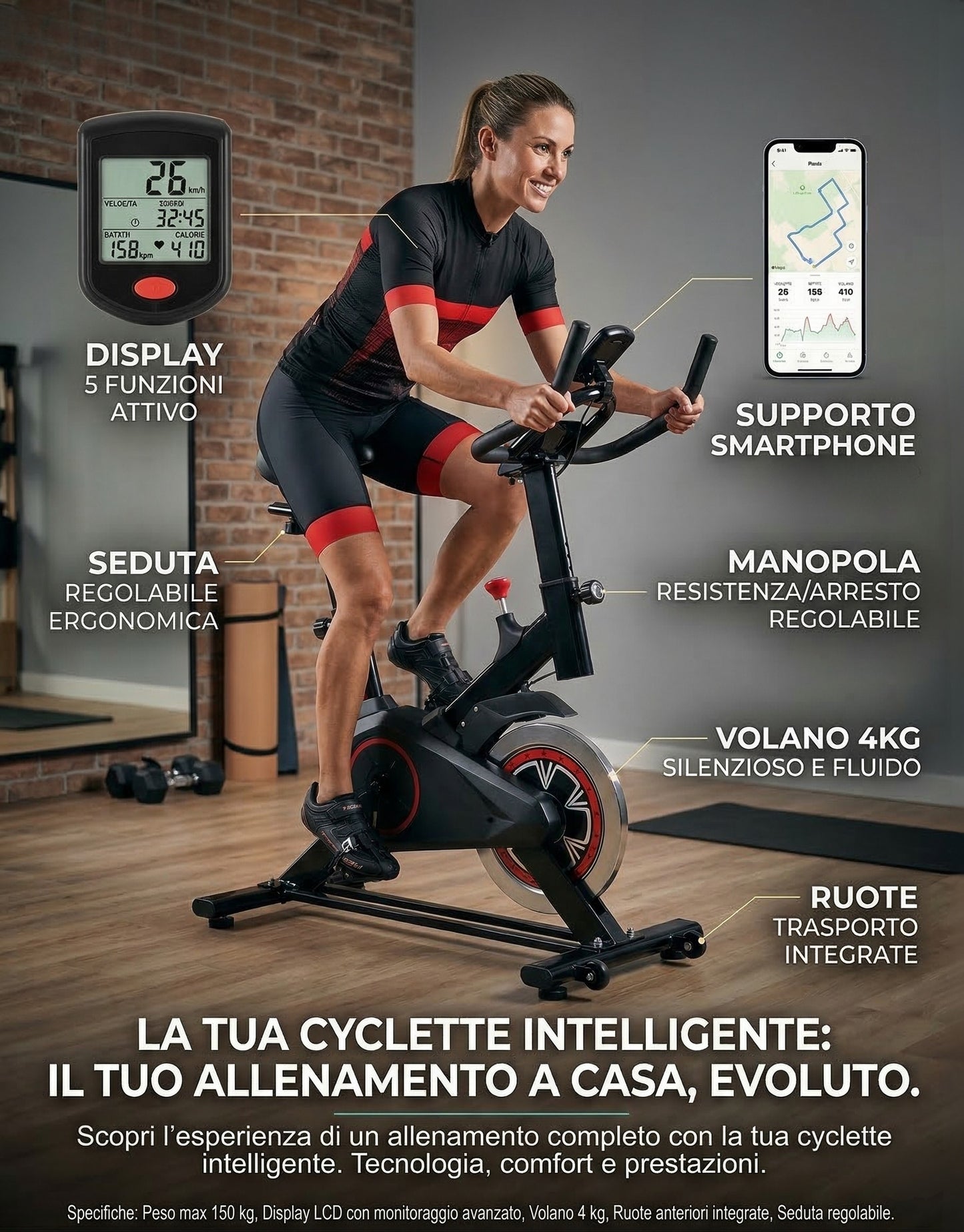 Cyclette da Casa Indoor Bike con Volano da 4kg, Cardiofrequenzimetro e Display LCD - Regolabile, Portata 150kg