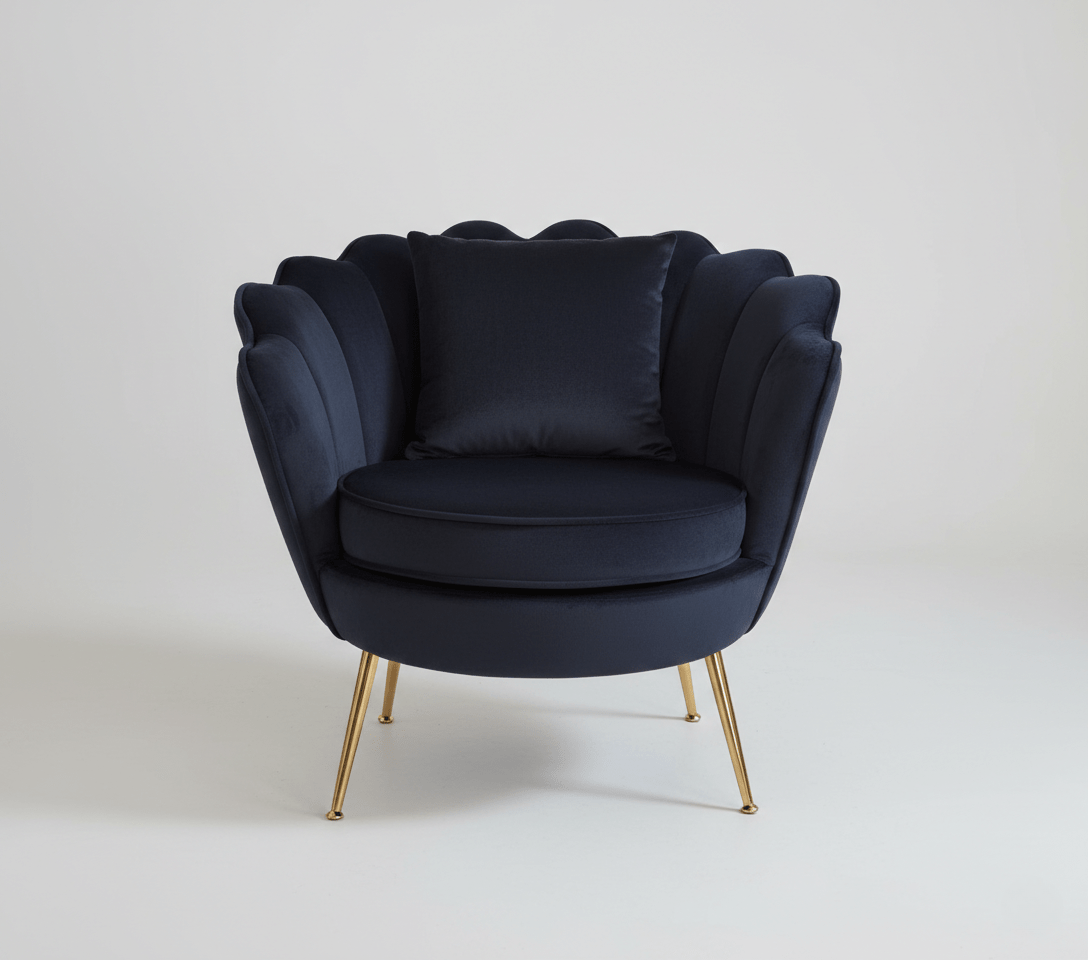 Poltrona Design Conchiglia Velluto Nero + Cuscino. Gambe Metallo Oro. Sedia Imbottita Scalloped Chair per Camera, Angolo Beauty e Salotto. Stile Moderno Vintage. 70x67x75cm