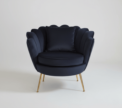Poltrona Design Conchiglia Velluto Nero + Cuscino. Gambe Metallo Oro. Sedia Imbottita Scalloped Chair per Camera, Angolo Beauty e Salotto. Stile Moderno Vintage. 70x67x75cm
