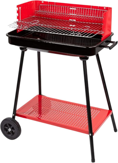 Barbecue a Carbonella Portatile BBQ con Ruote – Griglia in Metallo Resistente Rosso e Nero con Ripiano Laterale, Perfetto per Giardino, Terrazzo e Outdoor, 69 x 45 x 84 cm