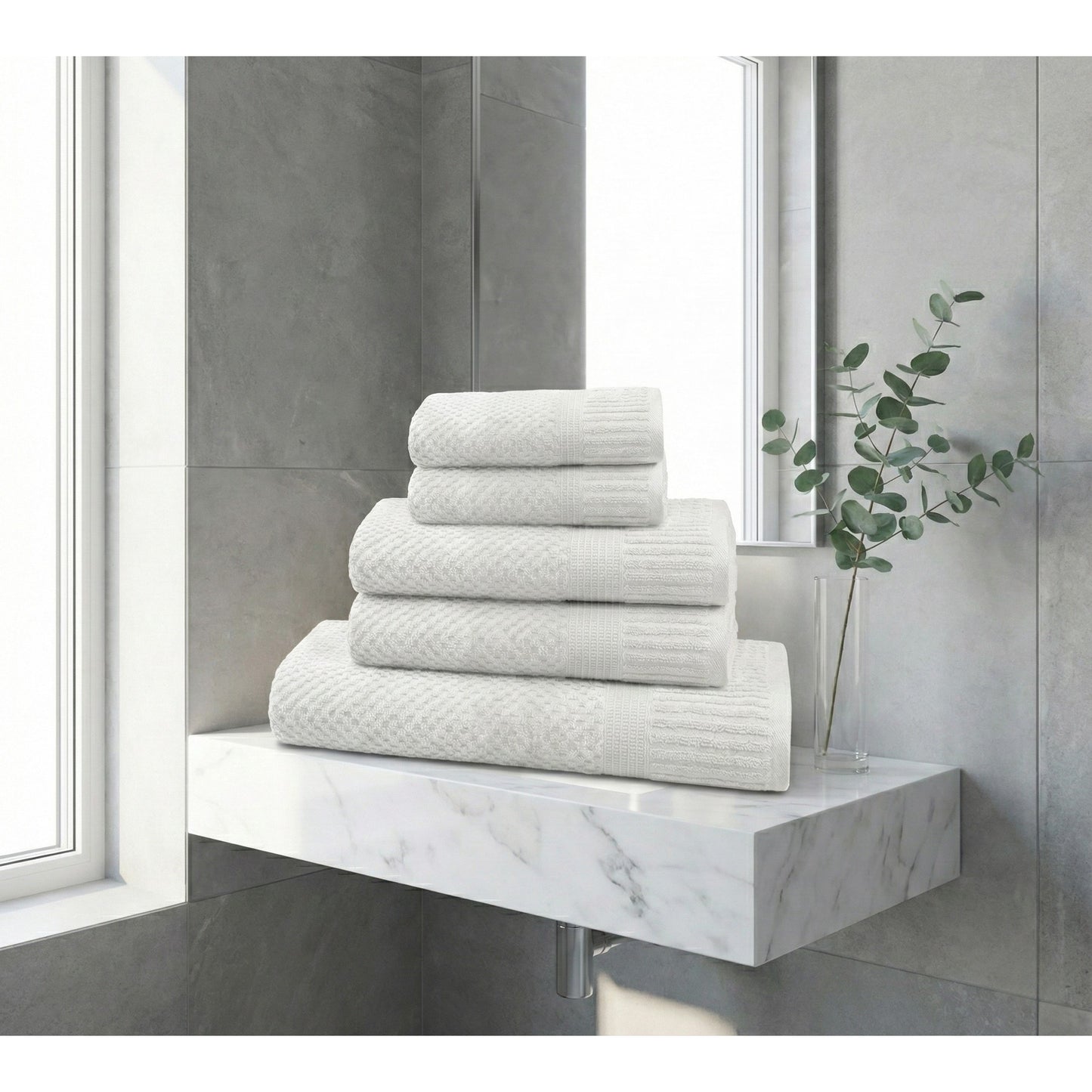 Set 5 Asciugamani Bianchi 500 GSM Cotone. Kit Bagno Hotel Spa: 1 Telo Doccia 90x140, 2 Viso 50x100, 2 Ospite 40x60. Spugna Bianca Assorbente Alta Qualità. Biancheria Casa Lussuosa Resistente.