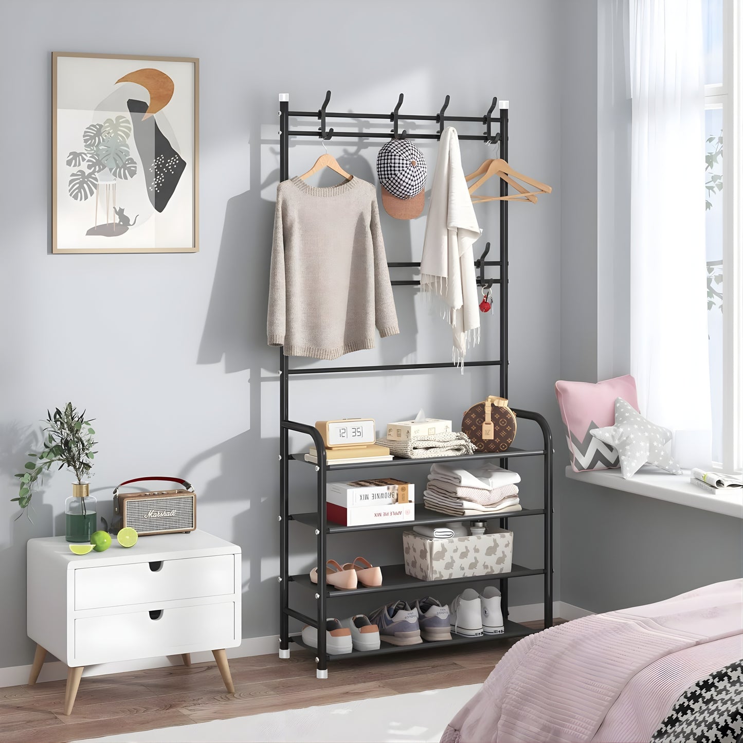 Appendiabiti Multifunzionale con Scarpiera a 4 Ripiani, Portabiti con Ganci, Struttura in Metallo 153cm – Organizer Salvaspazio per Ingresso, Camera, Corridoio